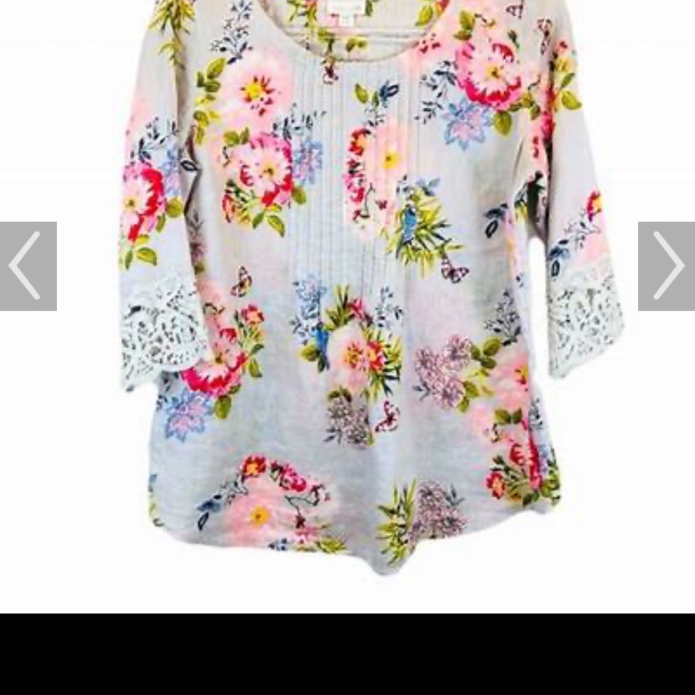 J. Jill Light Gray Floral Blouse with Pink and Blue
